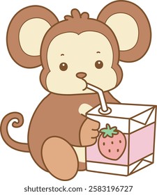 Cute Monkey vector icon. Funny baby Monkey animal series stock illustration. life of fluffy Monkey designs.Monkey drinking a strawberry milk