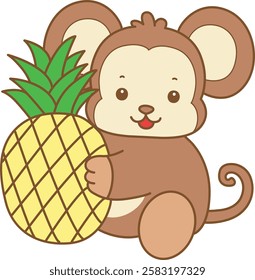 Cute Monkey vector icon. Funny baby Monkey animal series stock illustration. life of fluffy Monkey designs.
Monkey bring a pineapple