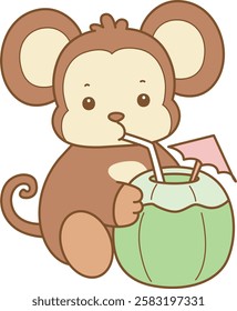 Cute Monkey vector icon. Funny baby Monkey animal series stock illustration. life of fluffy Monkey designs.
Monkey drinking a coconut