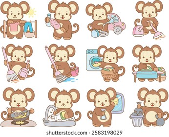 Cute Monkey vector icon. Funny baby Monkey animal series stock illustration. life of fluffy Monkey designs.
Monkey with variation of chores and cleaning service
