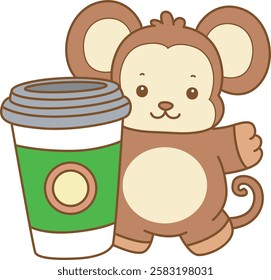 Cute Monkey vector icon. Funny baby Monkey animal series stock illustration. life of fluffy Monkey designs.
Monkey bring a big coffee