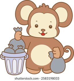 Cute Monkey vector icon. Funny baby Monkey animal series stock illustration. life of fluffy Monkey designs.
Monkey throw the rubbish to the trash