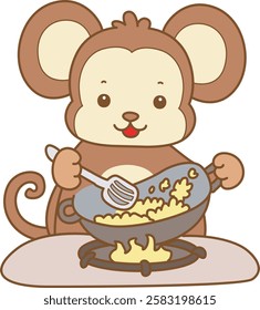 Cute Monkey vector icon. Funny baby Monkey animal series stock illustration. life of fluffy Monkey designs.
Monkey is cooking fried rice