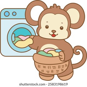 Cute Monkey vector icon. Funny baby Monkey animal series stock illustration. life of fluffy Monkey designs.
Monkey cleaning the clothes in the washing machine