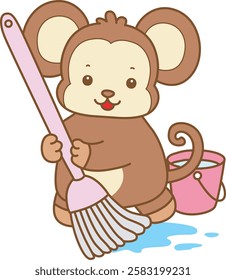 Cute Monkey vector icon. Funny baby Monkey animal series stock illustration. life of fluffy Monkey designs. Monkey cleaning the floor with mop