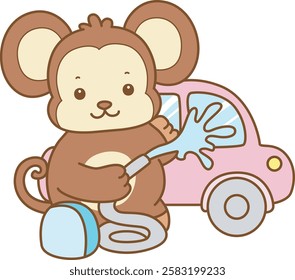 Cute Monkey vector icon. Funny baby Monkey animal series stock illustration. life of fluffy Monkey designs.
Monkey washing a car