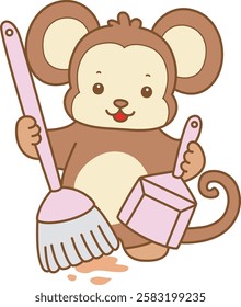 Cute Monkey vector icon. Funny baby Monkey animal series stock illustration. life of fluffy Monkey designs.
Monkey clear the floor with broom and duster