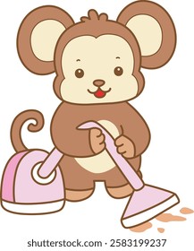 Cute Monkey vector icon. Funny baby Monkey animal series stock illustration. life of fluffy Monkey designs.
Monkey cleaning the floor with vacuum cleaner