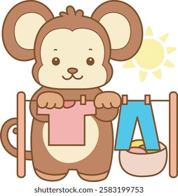 Cute Monkey vector icon. Funny baby Monkey animal series stock illustration. life of fluffy Monkey designs.
Monkey dry and clean the clothes and pants