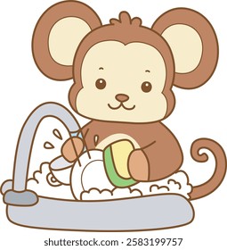 Cute Monkey vector icon. Funny baby Monkey animal series stock illustration. life of fluffy Monkey designs.
Monkey cleaning the plate in the sink