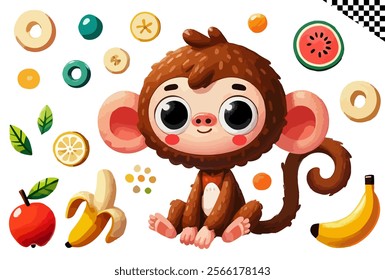 Cute monkey vector illustration sitting pose, tropical fruit, banana, orange, exotic, wildlife cheerful animal jungle playful, character design, adorable isolated graphic, decorative, fun happy tropic