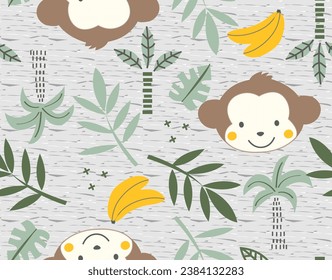 Cute monkey vector, Monkey pattern, Banana vector, Jungle pattern, Jungle with monkey