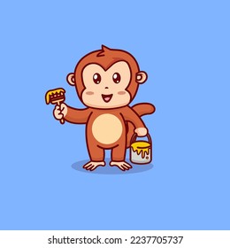 Cute monkey wants to paint. Concept in flat cartoon style