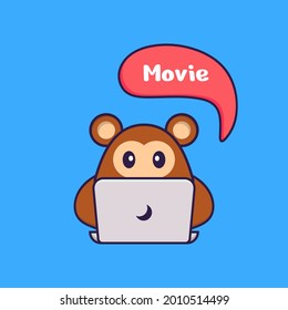 Cute monkey is watching a movie. Animal cartoon concept isolated. Can used for t-shirt, greeting card, invitation card or mascot.