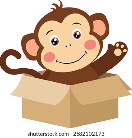 Cute monkey waving inside cardboard box