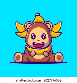 Cute Monkey wearing banana costume with Banana Cartoon Illustration. Animal Flat cartoon Style Concept