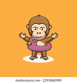 Cute monkey wearing duck floater cartoon illustration