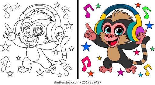 Cute monkey. Monkey wearing headphones. Coloring page. Vector illustration.