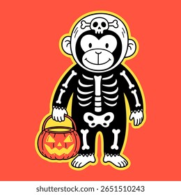cute monkey wearing skeleton costume with a Halloween Jack o lantern basket illustration, sticker