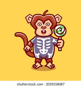cute monkey wearing skeleton halloween costume and carrying lollipop, perfect for halloween t-shirt design and cute animal halloween icon