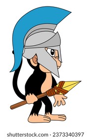 Ein süßer Affe, der einen Spartan-Helm trägt und einen Speer hält, Vektorgrafik