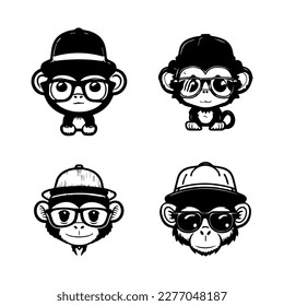 cute monkey wearing sunglass logo collection set hand drawn illustration