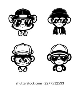 cute monkey wearing sunglass logo collection set hand drawn illustration