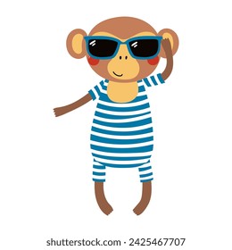 Cute monkey wearing sunglasses and swimsuit cartoon character illustration. Hand drawn Scandinavian style flat design, isolated vector. Kids summer print element, animal on holidays, vacations, beach