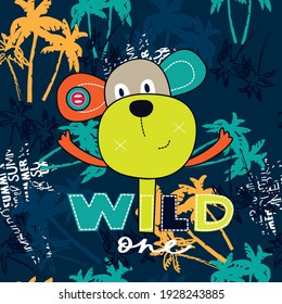 Cute monkey with wild one phrase on palm trees background vector illustration. T-shirt graphics design for boys.