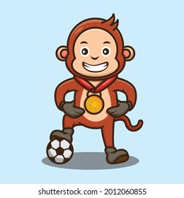 Cute Monkey Win Playing Football Design