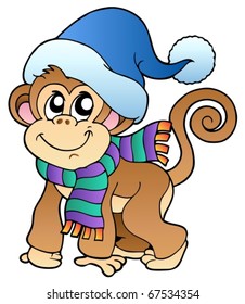 Cute monkey in winter clothes - vector illustration.