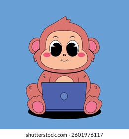 Cute monkey working with laptop