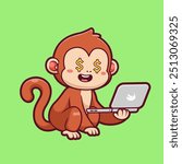 Cute Monkey Working On Laptop Cartoon Vector Icon Illustration. Animal Technology Icon Concept Isolated Premium Vector. Flat Cartoon Style
