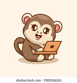 Cute monkey working on a laptop cartoon