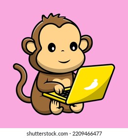 Cute Monkey Working On Laptop Cartoon Vector Icons Illustration. Flat Cartoon Concept. Suitable for any creative project.
