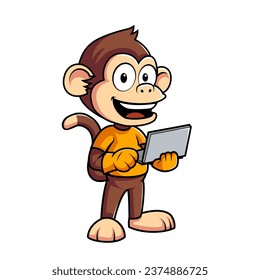 Cute Monkey Working On Laptop Cartoon Vector Icons Illustration