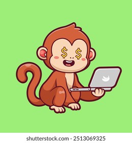 Cute Monkey Working On Laptop Cartoon Vector Icon Illustration. Animal Technology Icon Concept Isolated Premium Vector. Flat Cartoon Style