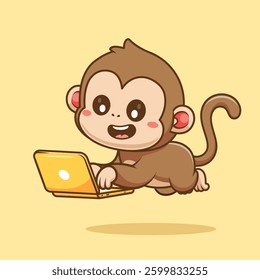 Cute Monkey Working On Laptop Cartoon Vector Icon Illustration. Animal Technology Icon Concept Isolated Premium Vector. Flat Cartoon Style