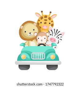 Cute monkey, zebra, giraffe and lion travel in car. Graphic element for childrens book, album, scrapbook, postcard or mobile game. Zoo theme. Flat vector illustration isolated on white background.