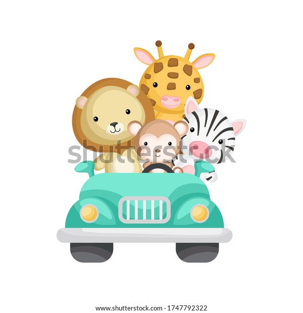 Cute monkey, zebra, giraffe and lion travel
in car. Graphic element for childrens book, album, scrapbook,
postcard or mobile game. Zoo theme. Flat vector illustration
isolated on white
background.