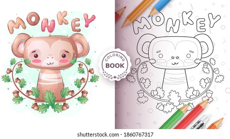 Cute monkeyinthe forest - coloring page. Vector eps 10