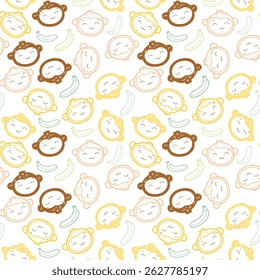 Cute Monkeys and Bananas Seamless Pattern. Playful Monkey Heads Pattern Fabric Motif Illustration.