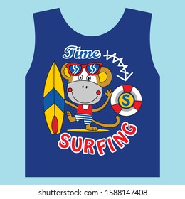 cute monkeys become surfers on the beach, cartoon vector illustration