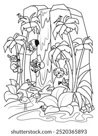 Cute monkeys, birds and flamingos near the waterfall. Children's coloring page. Vector illustration