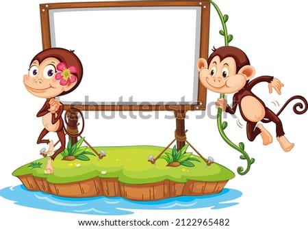 Cute monkeys with blank board on white background illustration