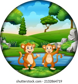 Cute monkeys by the pond in circular frame