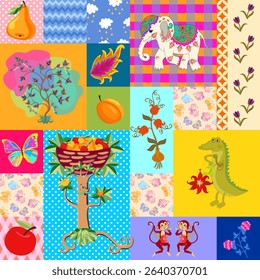 Cute monkeys, elephant, crocodile, butterflies and flowers on colorful scraps seamless patchwork pattern in vector. Fabric print for children.