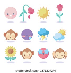 monos bonitos y iconos de emojis colocados sobre fondo rosa, ilustración vectorial