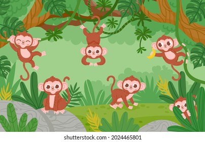 Cute Monkeys Hanging On Lianas Trees In Jungle Forest. Cartoon Happy Monkey Characters Play And Jump. Childish Tropical Zoo Vector Landscape. Illustration Of Animal Monkey Hang On Liana