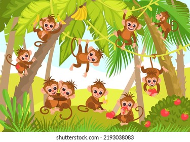 Cute monkeys in jungle. Cartoon tropical animal characters in rainforest. Wild exotic fauna. Marmosets hanging on vines. Macaques eating fruits. Forest foliage